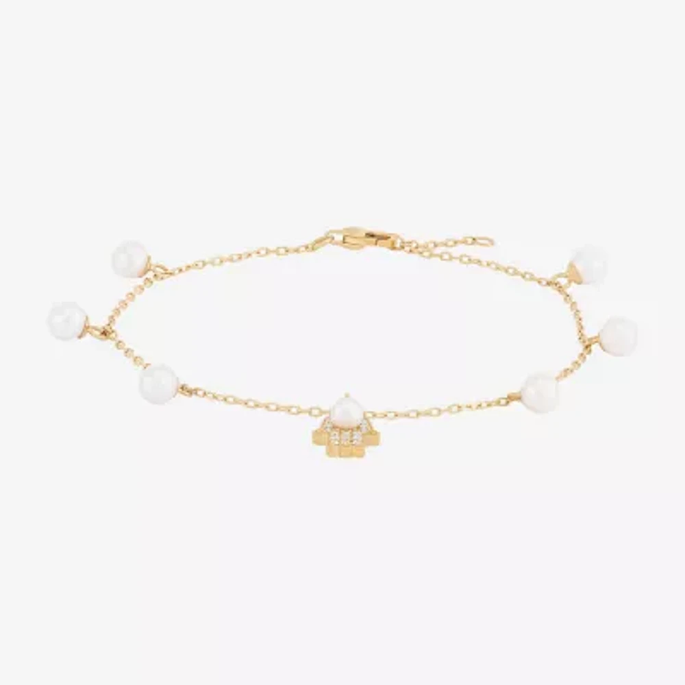 Dyed White Cultured Freshwater Pearl 14K Gold Over Silver Charm Bracelet