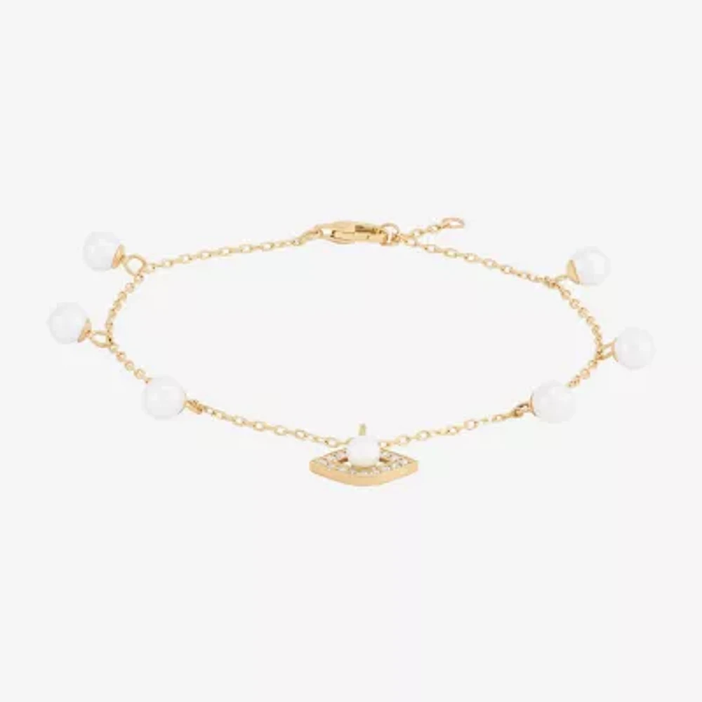 Womens Dyed White Cultured Freshwater Pearl 14K Gold Over Silver Evil Eye Charm Bracelet