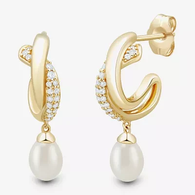 Lab Created White Cultured Freshwater Pearl 14K Gold Over Silver Sterling Silver Round Drop Earrings