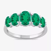 Womens Lab Created Green Emerald Sterling Silver Oval Cocktail Ring