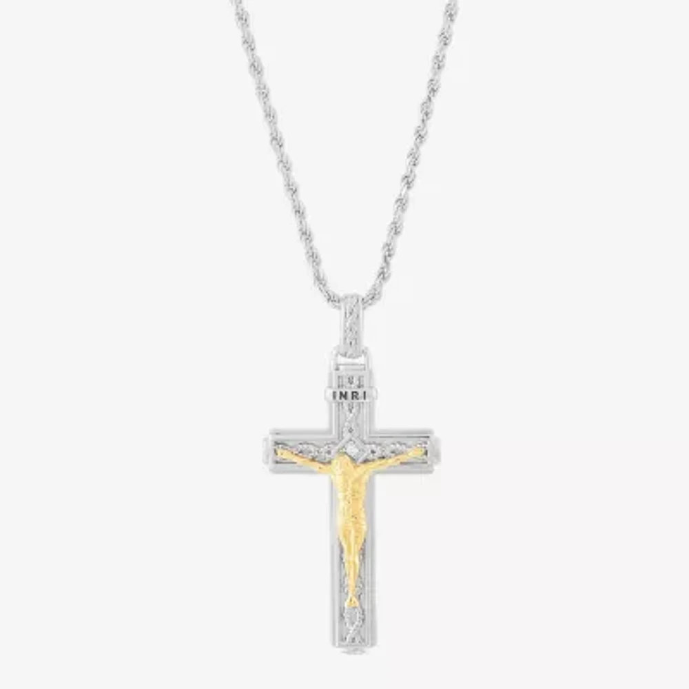 Mens White Cubic Zirconia 14K Gold Over Silver Sterling Silver Cross Pendant