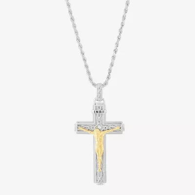 Mens White Cubic Zirconia 14K Gold Over Silver Sterling Silver Cross Pendant