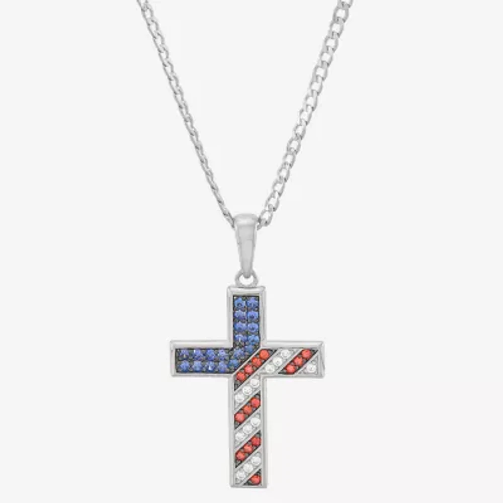Diamonart American Flag Mens Multi Color Cubic Zirconia Sterling Silver Cross Pendant Necklaces