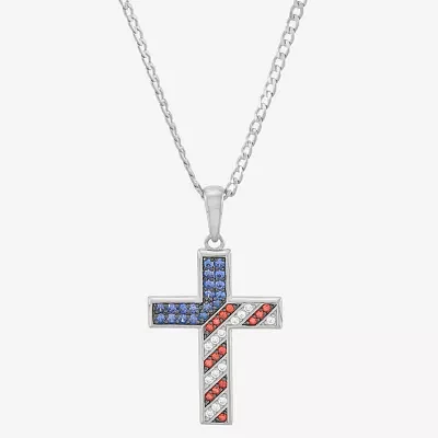 Diamonart American Flag Mens Multi Color Cubic Zirconia Sterling Silver Cross Pendant Necklaces
