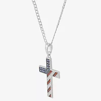 Diamonart American Flag Mens Multi Color Cubic Zirconia Sterling Silver Cross Pendant Necklaces