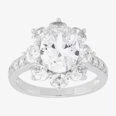 Diamonart Womens White Cubic Zirconia Sterling Silver Flower Oval Side Stone Engagement Ring