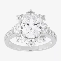 Diamonart Womens White Cubic Zirconia Sterling Silver Flower Oval Side Stone Engagement Ring