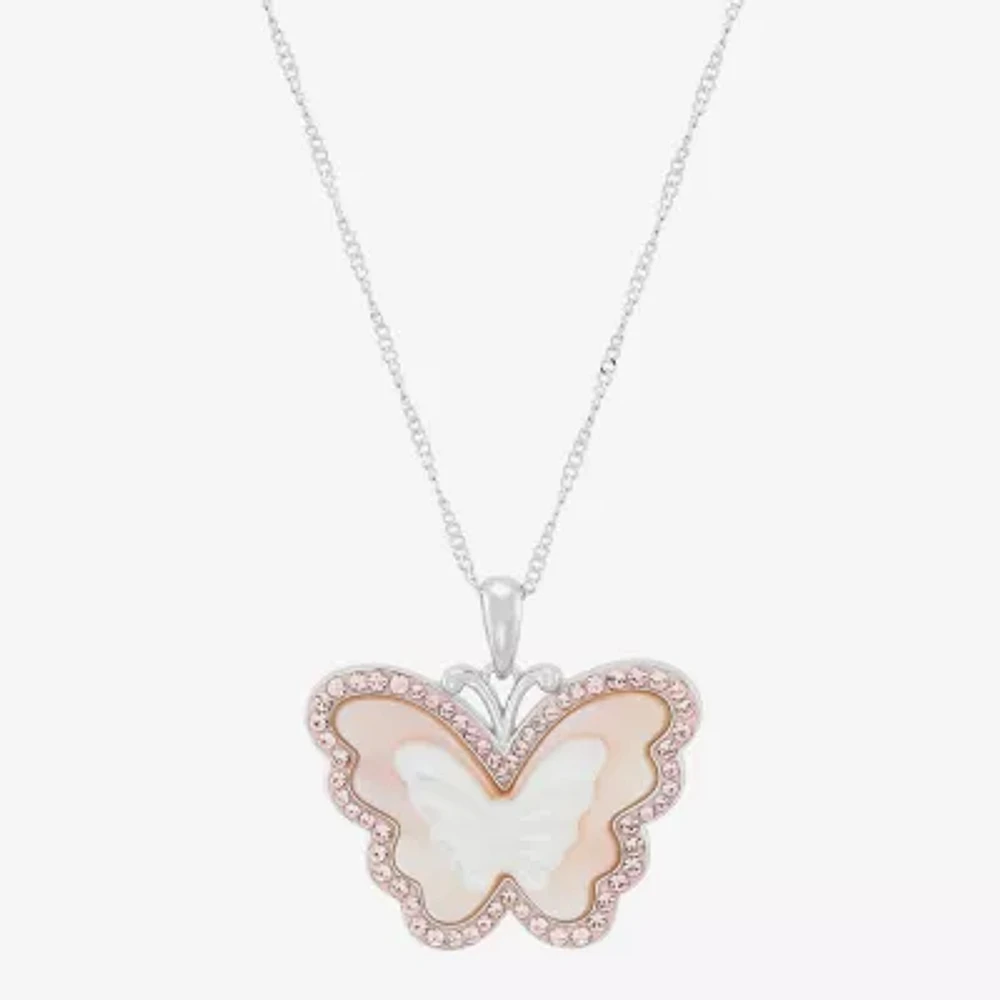 Womens Pink Mother Of Pearl Sterling Silver Butterfly Pendant Necklaces