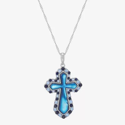 Womens Blue Mother Of Pearl Sterling Silver Cross Pendant Necklaces