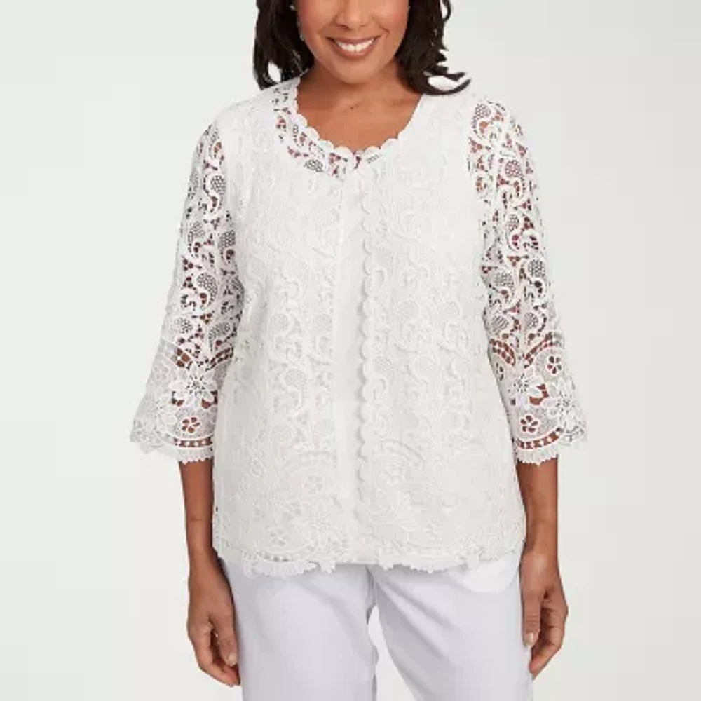 Alfred Dunner Estate Of Mind Womens Crew Neck 3/4 Sleeve Layered Top