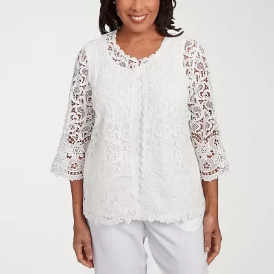 Alfred Dunner Estate Of Mind Womens Crew Neck 3/4 Sleeve Layered Top