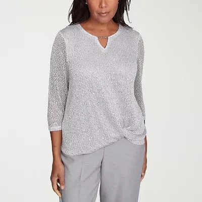 Alfred Dunner Estate Of Mind Womens Split Crew Neck 3/4 Sleeve Blouse