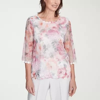 Alfred Dunner Estate Of Mind Womens Crew Neck 3/4 Sleeve T-Shirt