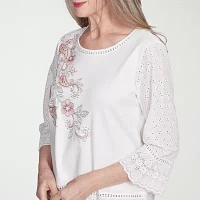 Alfred Dunner Estate Of Mind Womens Crew Neck 3/4 Sleeve T-Shirt