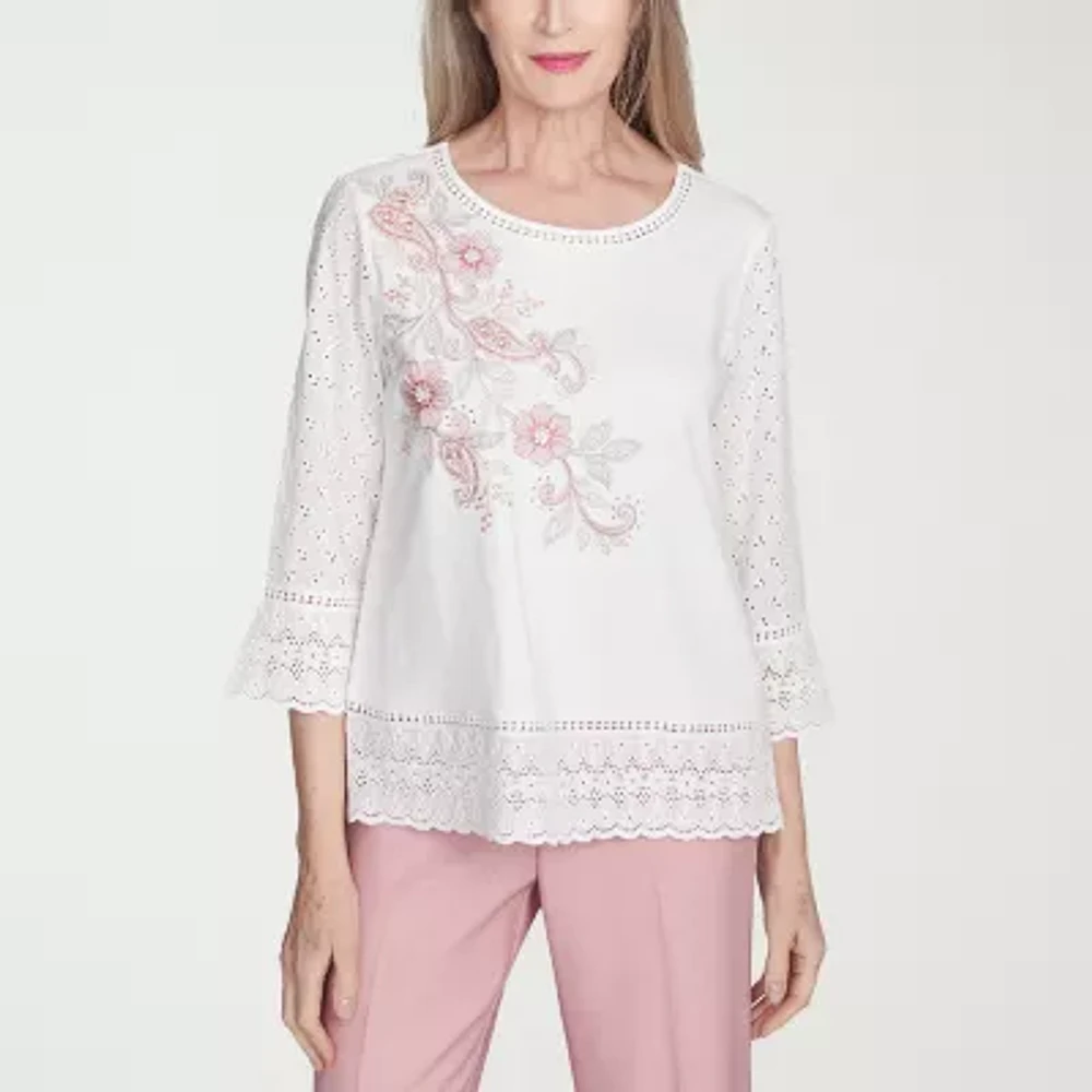 Alfred Dunner Estate Of Mind Womens Crew Neck 3/4 Sleeve T-Shirt