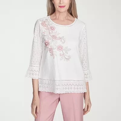 Alfred Dunner Estate Of Mind Womens Crew Neck 3/4 Sleeve T-Shirt