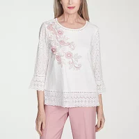 Alfred Dunner Estate Of Mind Womens Crew Neck 3/4 Sleeve T-Shirt