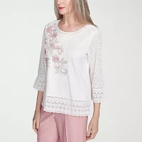 Alfred Dunner Estate Of Mind Womens Crew Neck 3/4 Sleeve T-Shirt