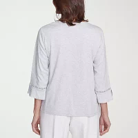 Alfred Dunner Estate Of Mind Womens Split Crew Neck 3/4 Sleeve T-Shirt