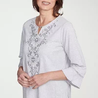 Alfred Dunner Estate Of Mind Womens Split Crew Neck 3/4 Sleeve T-Shirt