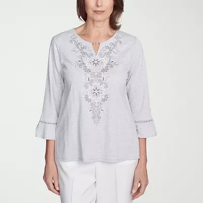 Alfred Dunner Estate Of Mind Womens Split Crew Neck 3/4 Sleeve T-Shirt