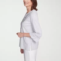 Alfred Dunner Estate Of Mind Womens Split Crew Neck 3/4 Sleeve T-Shirt