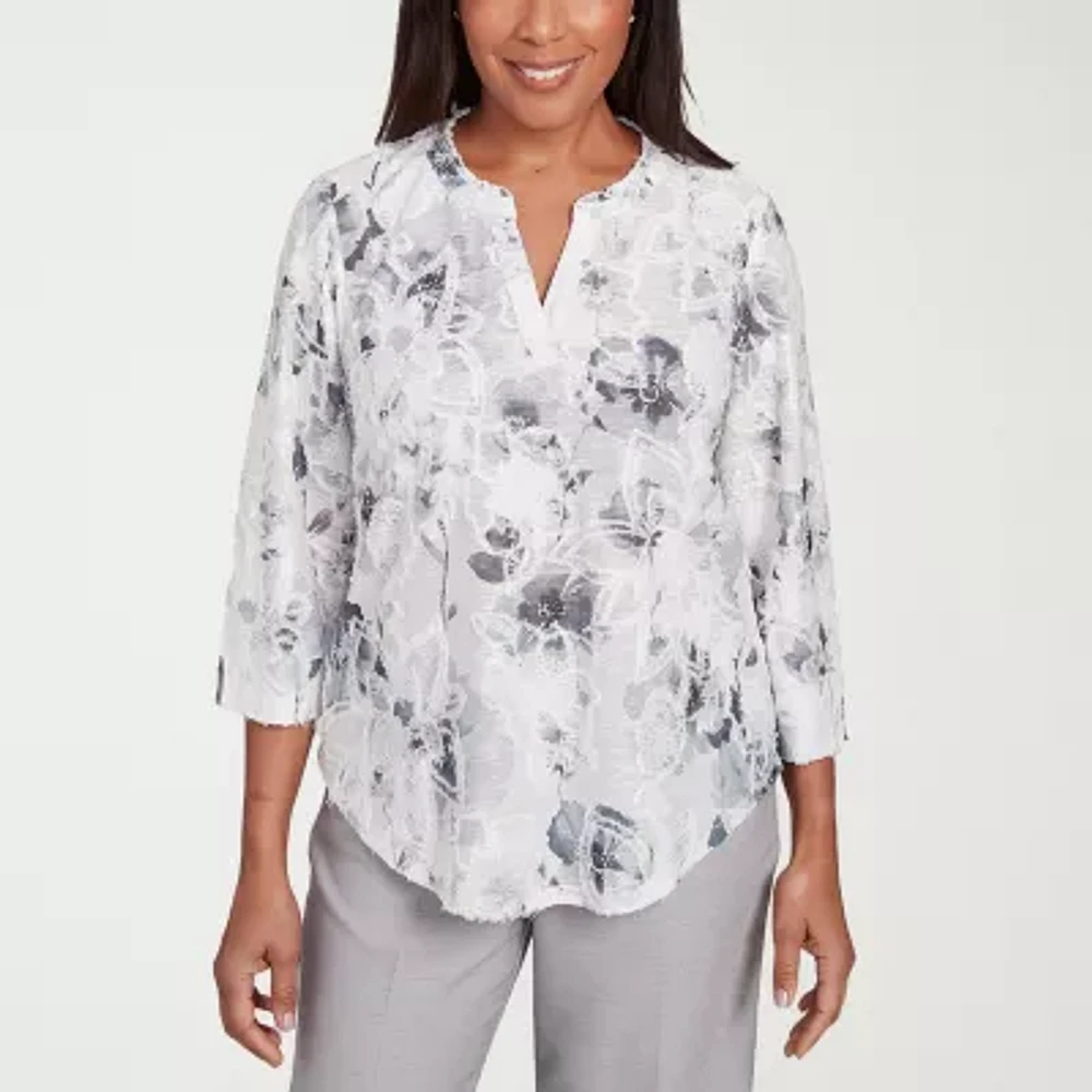 Alfred Dunner Estate Of Mind Womens Split Crew Neck 3/4 Sleeve T-Shirt