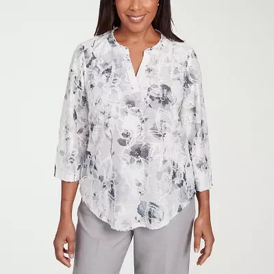Alfred Dunner Estate Of Mind Womens Split Crew Neck 3/4 Sleeve T-Shirt