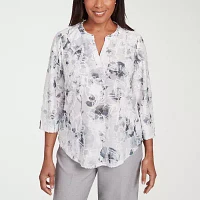 Alfred Dunner Estate Of Mind Womens Split Crew Neck 3/4 Sleeve T-Shirt