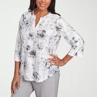 Alfred Dunner Estate Of Mind Womens Split Crew Neck 3/4 Sleeve T-Shirt
