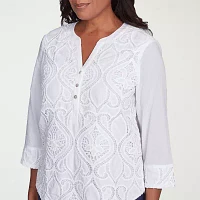 Alfred Dunner Nantucket Womens Split Crew Neck 3/4 Sleeve Blouse
