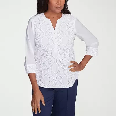 Alfred Dunner Nantucket Womens Split Crew Neck 3/4 Sleeve Blouse