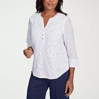 Alfred Dunner Nantucket Womens Split Crew Neck 3/4 Sleeve Blouse