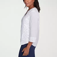 Alfred Dunner Nantucket Womens Split Crew Neck 3/4 Sleeve Blouse