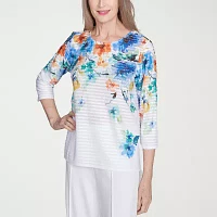 Alfred Dunner Nantucket Womens Crew Neck 3/4 Sleeve T-Shirt