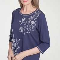 Alfred Dunner Nantucket Womens Crew Neck 3/4 Sleeve T-Shirt
