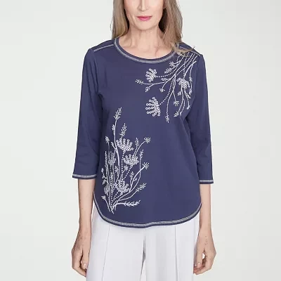 Alfred Dunner Nantucket Womens Crew Neck 3/4 Sleeve T-Shirt