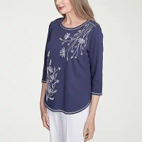 Alfred Dunner Nantucket Womens Crew Neck 3/4 Sleeve T-Shirt