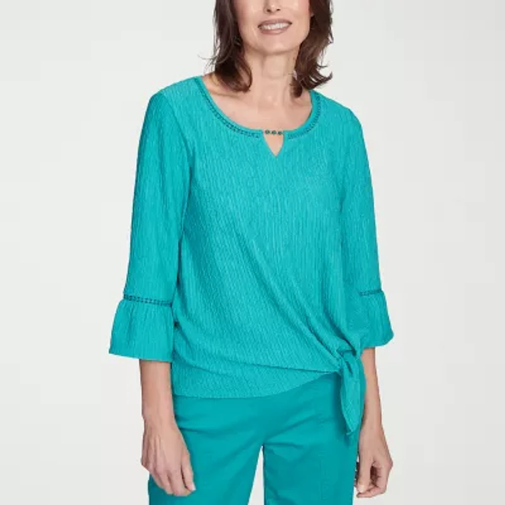 Alfred Dunner Nantucket Womens Split Crew Neck 3/4 Sleeve T-Shirt