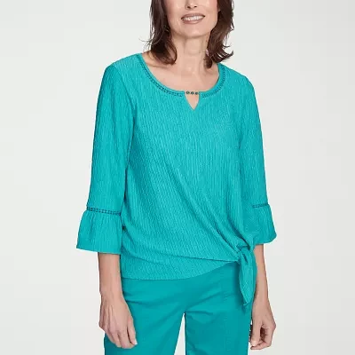 Alfred Dunner Nantucket Womens Split Crew Neck 3/4 Sleeve T-Shirt