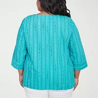 Alfred Dunner Plus Nantucket Womens Crew Neck 3/4 Sleeve Blouse
