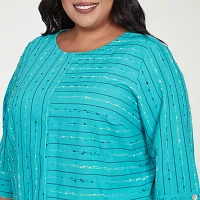 Alfred Dunner Plus Nantucket Womens Crew Neck 3/4 Sleeve Blouse