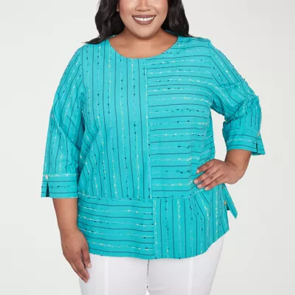 Alfred Dunner Plus Nantucket Womens Crew Neck 3/4 Sleeve Blouse