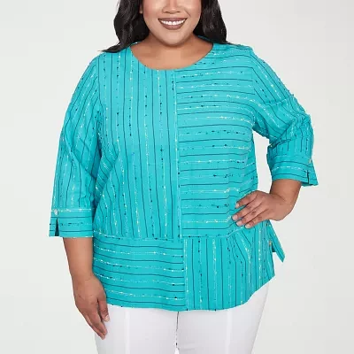 Alfred Dunner Plus Nantucket Womens Crew Neck 3/4 Sleeve Blouse