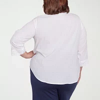 Alfred Dunner Plus Nantucket Womens Split Crew Neck 3/4 Sleeve Blouse