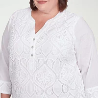 Alfred Dunner Plus Nantucket Womens Split Crew Neck 3/4 Sleeve Blouse