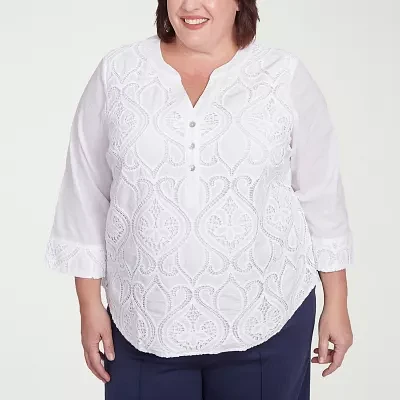 Alfred Dunner Plus Nantucket Womens Split Crew Neck 3/4 Sleeve Blouse