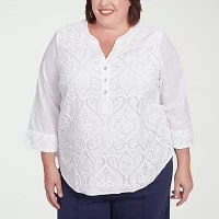 Alfred Dunner Plus Nantucket Womens Split Crew Neck 3/4 Sleeve Blouse