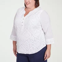 Alfred Dunner Plus Nantucket Womens Split Crew Neck 3/4 Sleeve Blouse