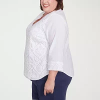 Alfred Dunner Plus Nantucket Womens Split Crew Neck 3/4 Sleeve Blouse